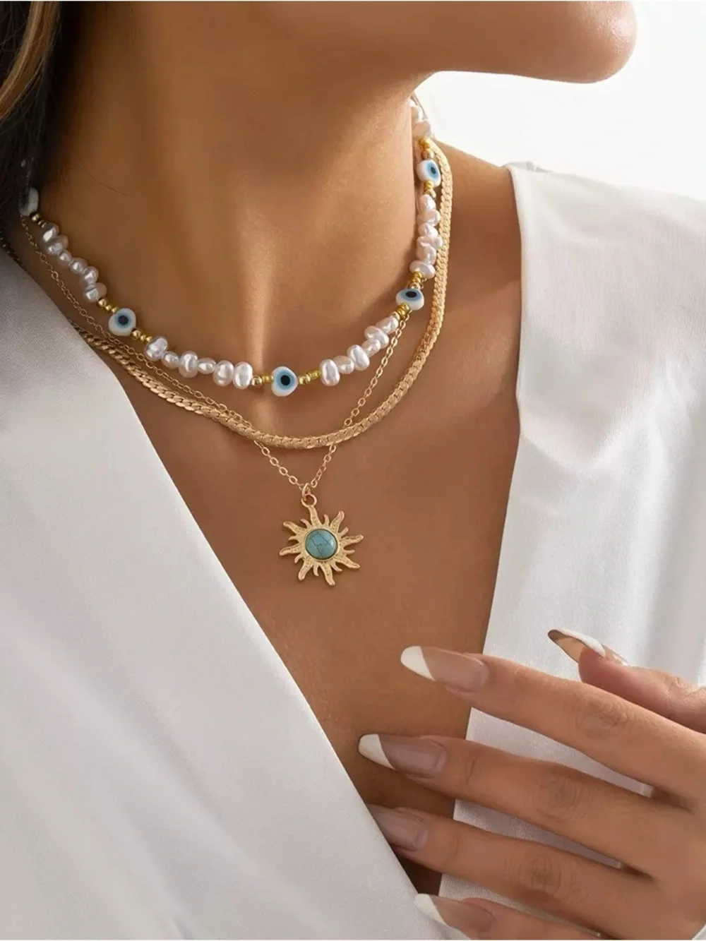 Anthropologie White Beaded Layered Necklace Set with Turquoise Sun Pendant - Picture 2 of 2